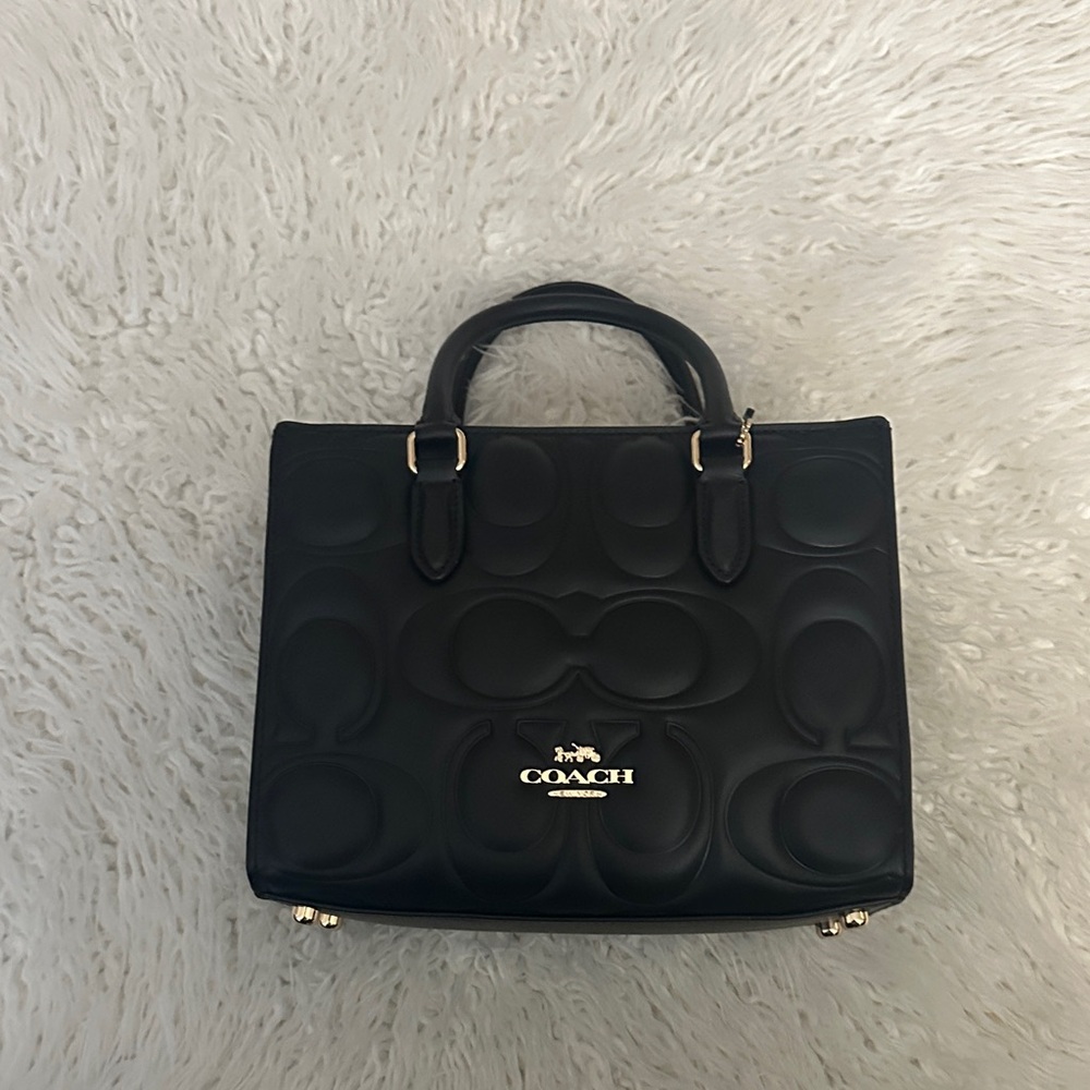 NWT COACH Small Maggie Tote: Black Embossed Signature Satchel with Gold Hardware